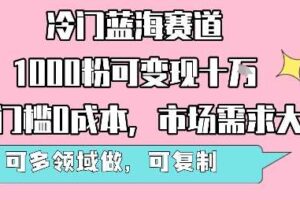 冷门蓝海赛道，1000粉可变现十W，无门槛0成本，市场需求大，可多领域做，可复制性强