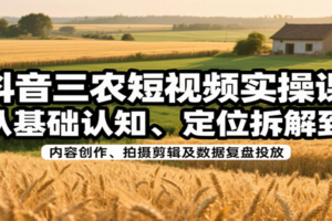 抖音三农短视频实操课：从基础认知、定位拆解到内容创作、拍摄剪辑及数据复盘投放