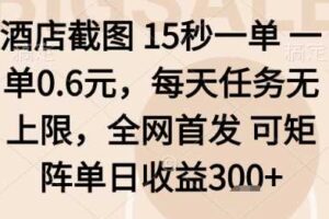 酒店截图项目，15秒一单，一单0.6米，每天任务无上限，全网首发可矩阵单日收益3张+【揭秘】